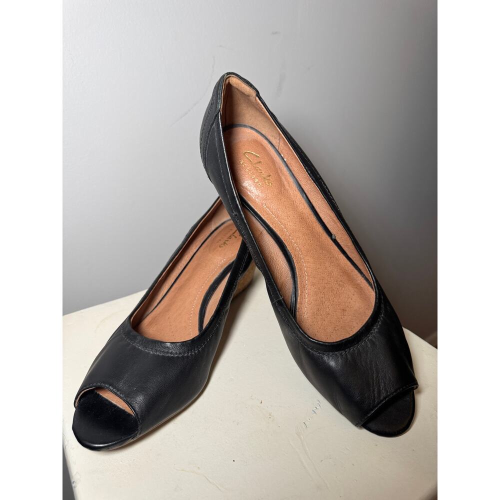 Clarks Black Leather Peep-Toe Cork Wedges – Women’s 9.5